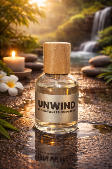 UNWIND Unwind perfume by Naia FLEUR with wood cap in cozy spa-inspired setting.