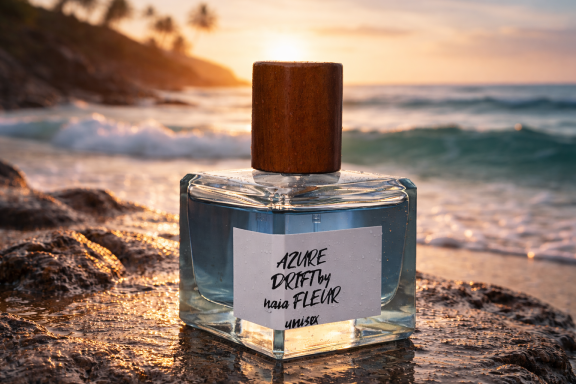 AZURE Naia FLEUR handcrafted perfume bottle on coastal rocks at golden hour.